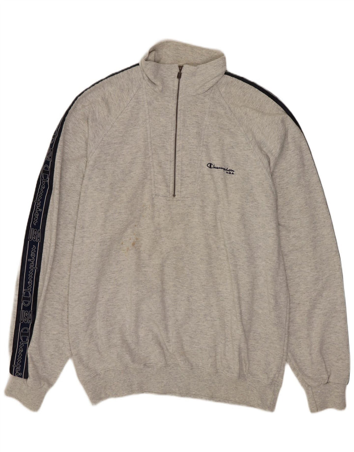 CHAMPION Mens Graphic Zip Neck Sweatshirt Jumper XL Grey Colourblock