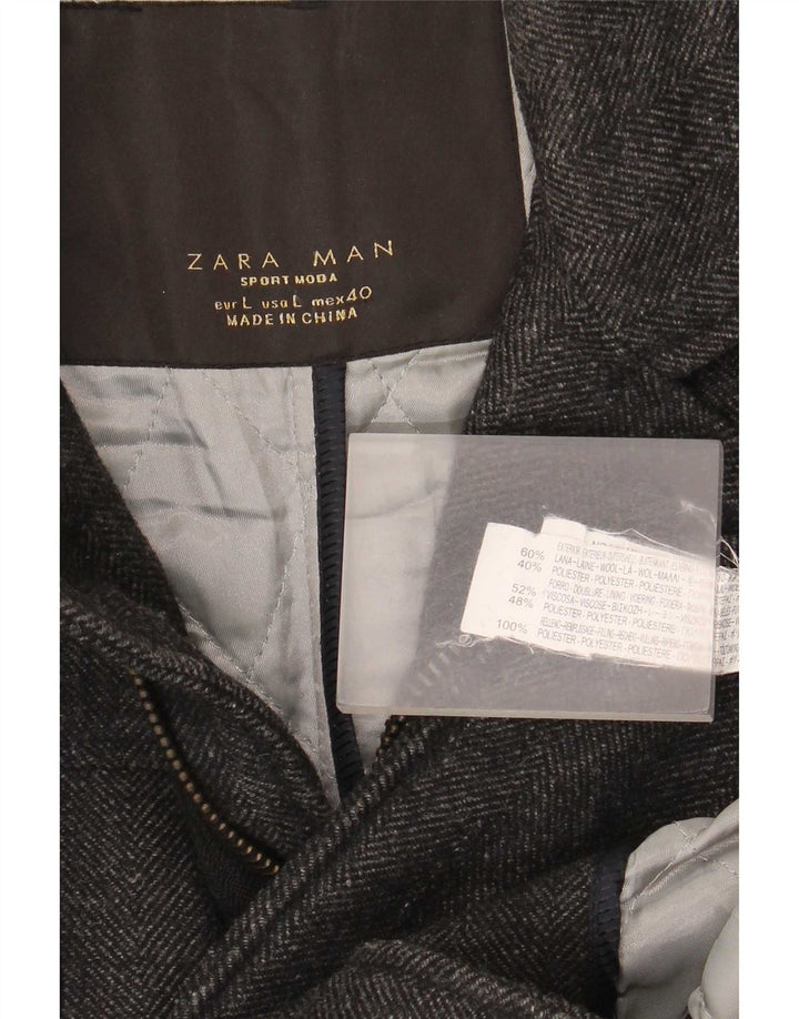 Zara Mens Utility Jacket UK 40 Large Grey Herringbone Wool