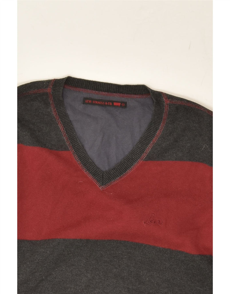 LEVI'S Womens V-Neck Jumper Sweater UK 12 Medium Red Striped Cotton | Vintage Levi's | Thrift | Second-Hand Levi's | Used Clothing | Messina Hembry 