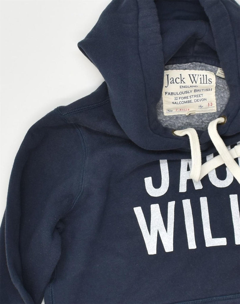 JACK WILLS Womens Graphic Hoodie Jumper UK 12 Medium  Navy Blue Cotton | Vintage Jack Wills | Thrift | Second-Hand Jack Wills | Used Clothing | Messina Hembry 