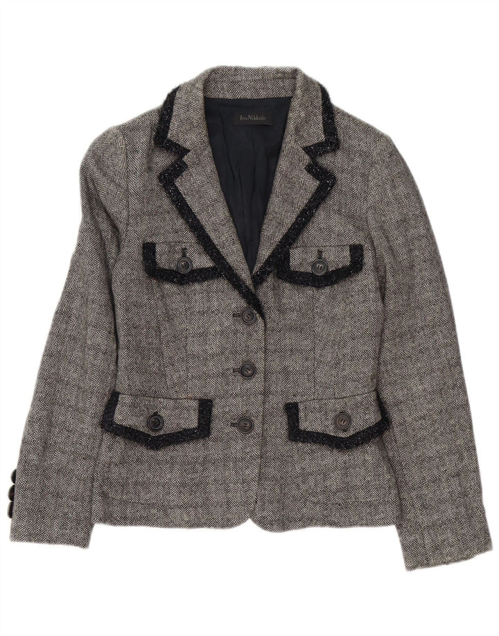 VINTAGE Womens 3 Button Blazer Jacket UK 10 Small Grey Herringbone Linen