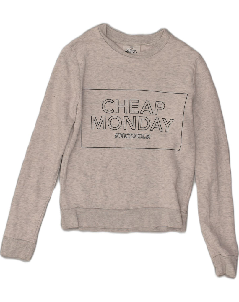 CHEAP MONDAY Womens Graphic Sweatshirt Jumper UK 6 XS Grey Cotton | Vintage Cheap Monday | Thrift | Second-Hand Cheap Monday | Used Clothing | Messina Hembry 