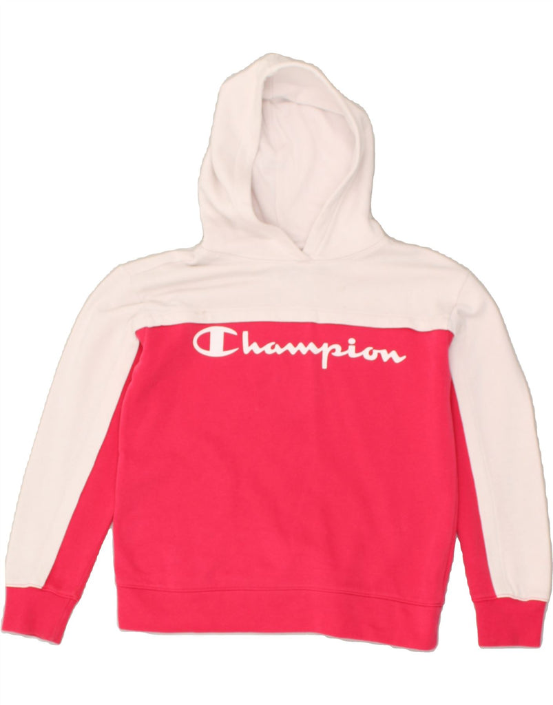 CHAMPION Girls Graphic Hoodie Jumper 9-10 Years Medium  Pink Colourblock | Vintage Champion | Thrift | Second-Hand Champion | Used Clothing | Messina Hembry 