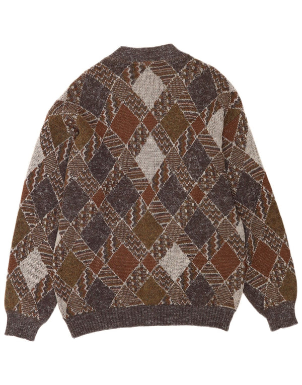 Vintage Mens Full Zip Cardigan Sweater Medium Multicoloured Argyle/Diamond