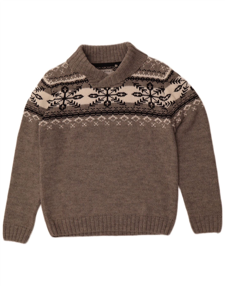 Canda Mens Shawl Neck Jumper Sweater Large Grey Fair Isle
