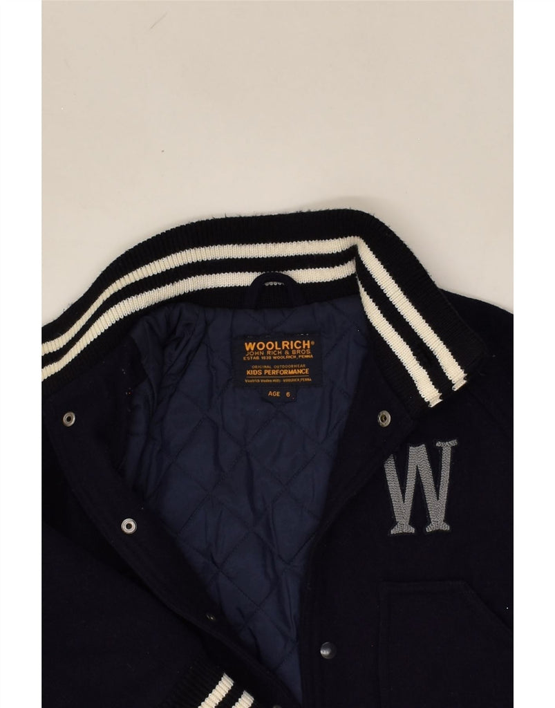 WOOLRICH Boys Graphic Varsity Jacket 5-6 Years Navy Blue Wool | Vintage Woolrich | Thrift | Second-Hand Woolrich | Used Clothing | Messina Hembry 