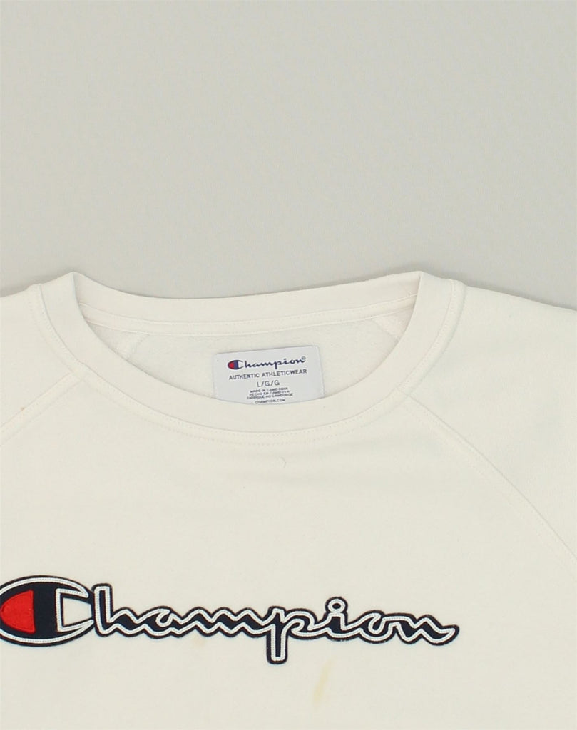 CHAMPION Womens Graphic Sweatshirt Jumper UK 16 Large White Cotton | Vintage Champion | Thrift | Second-Hand Champion | Used Clothing | Messina Hembry 