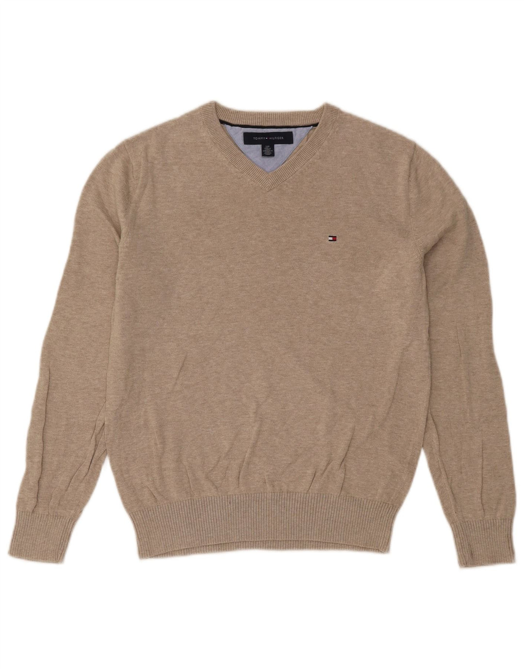 Tommy Hilfiger Mens V-Neck Jumper Sweater Small Beige Flecked