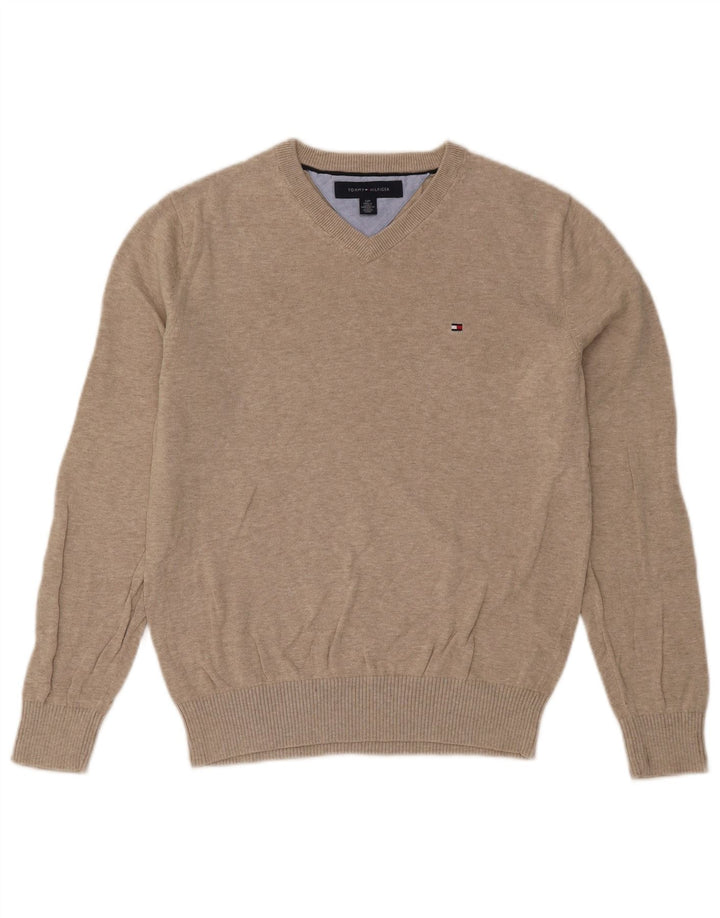 Tommy Hilfiger Mens V-Neck Jumper Sweater Small Beige Flecked