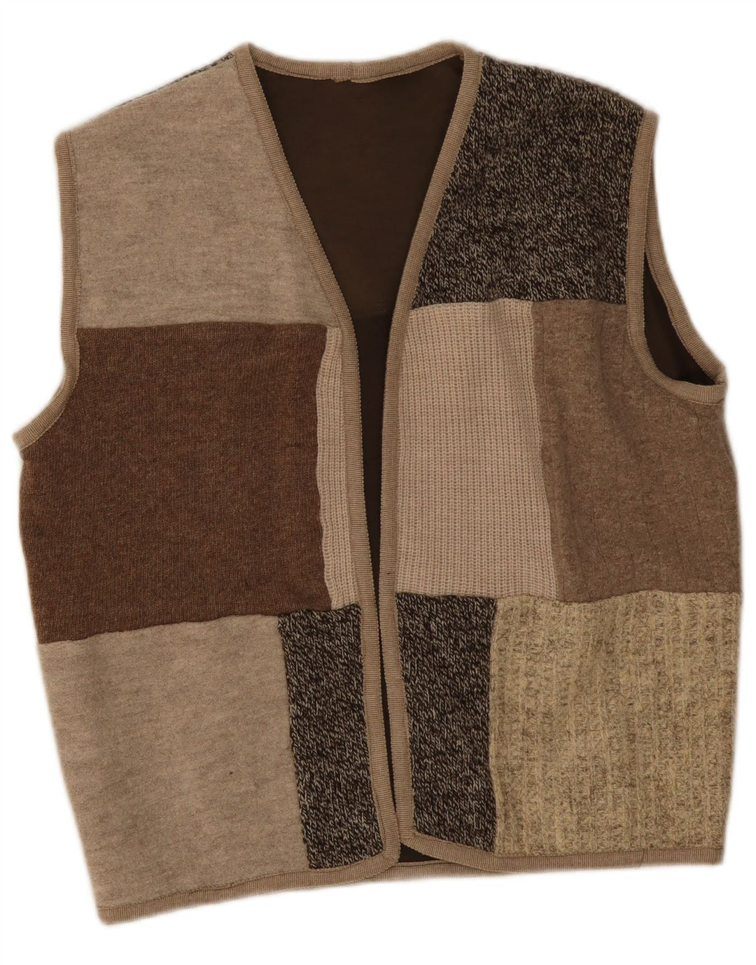 Vintage Womens Sleeveless Open Cardigan Sweater UK 16 Large Beige Patchwork