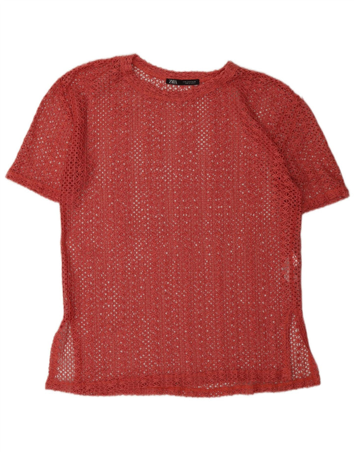 ZARA Womens Crochet Blouse Top UK 14 Medium Red Polyester