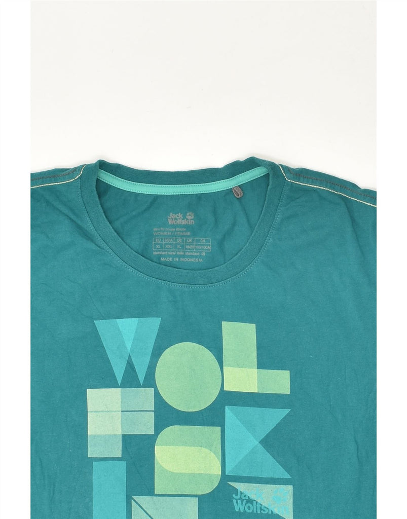 JACK WOLFSKIN Womens Graphic T-Shirt Top UK 18/20 XL Turquoise Cotton | Vintage Jack Wolfskin | Thrift | Second-Hand Jack Wolfskin | Used Clothing | Messina Hembry 