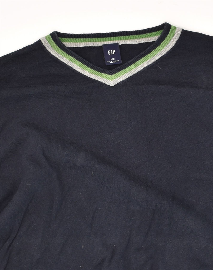 GAP Mens V-Neck Jumper Sweater Large Navy Blue Striped Cotton | Vintage Gap | Thrift | Second-Hand Gap | Used Clothing | Messina Hembry 