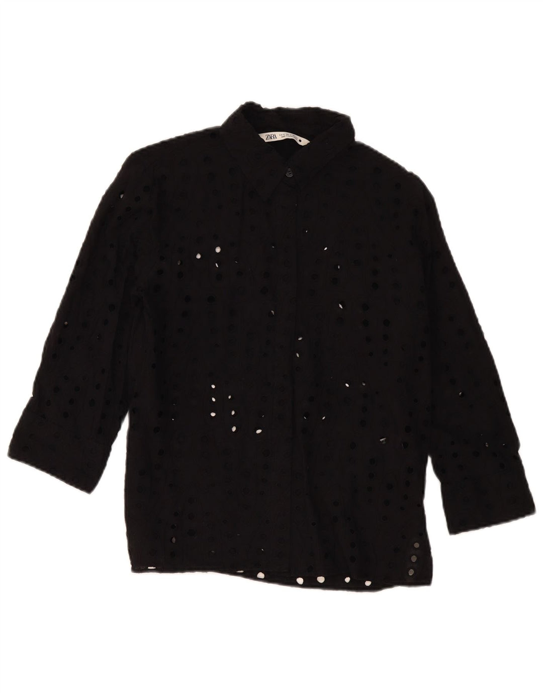 Zara Womens 3/4 Sleeve Shirt Blouse UK 14 Medium Black Cotton