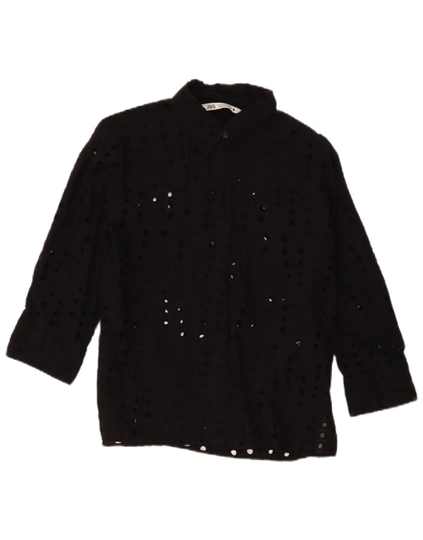 Zara Womens 3/4 Sleeve Shirt Blouse UK 14 Medium Black Cotton