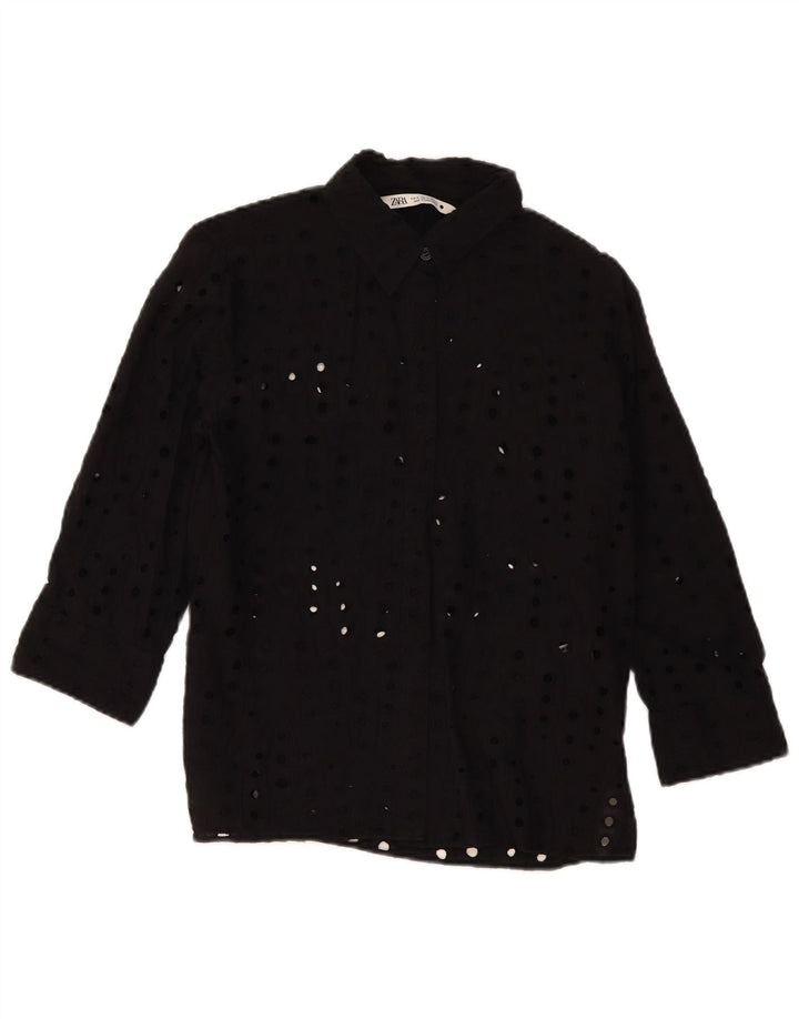 Zara Womens 3/4 Sleeve Shirt Blouse UK 14 Medium Black Cotton
