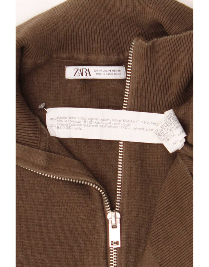 Zara Mens Zip Neck Jumper Sweater Medium Brown Cotton