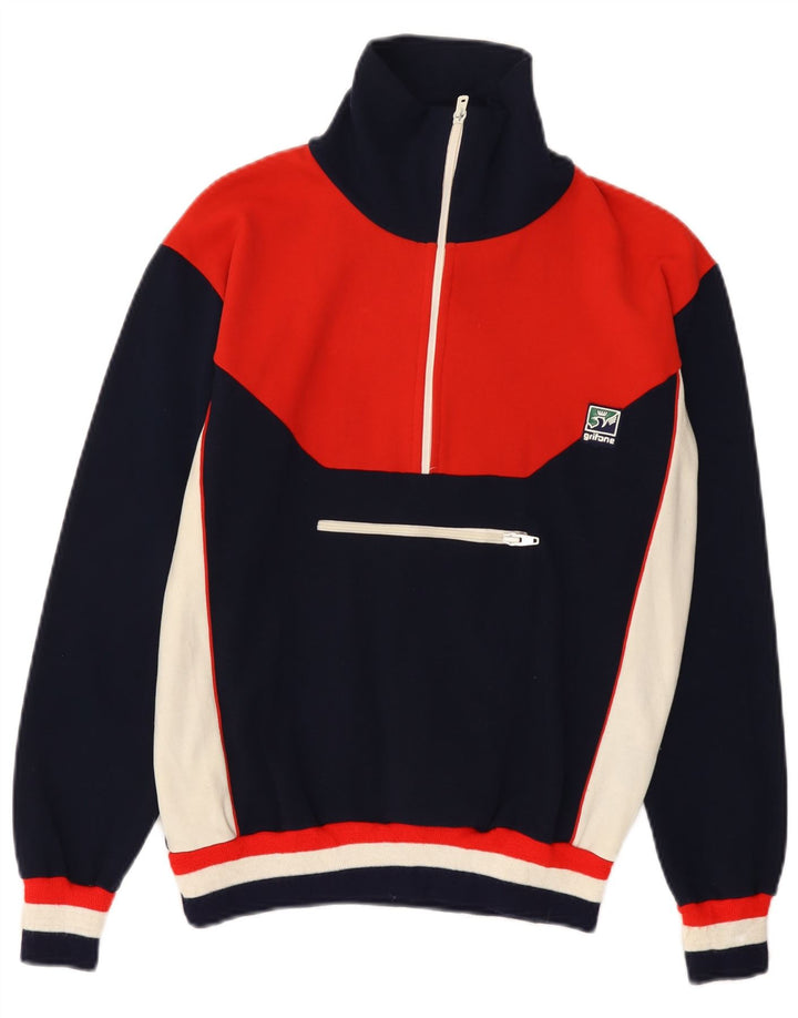 GRIFONI Mens Zip Neck Sweatshirt Jumper IT 48 Small Navy Blue Colourblock