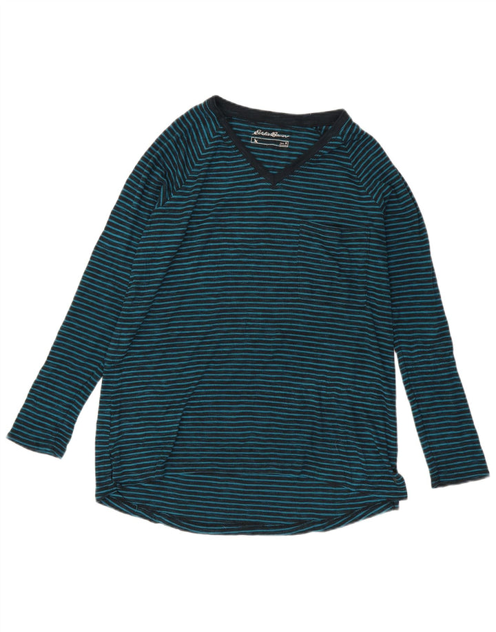 EDDIE BAUER Womens Top Long Sleeve UK 14 Medium Blue Striped Polyester