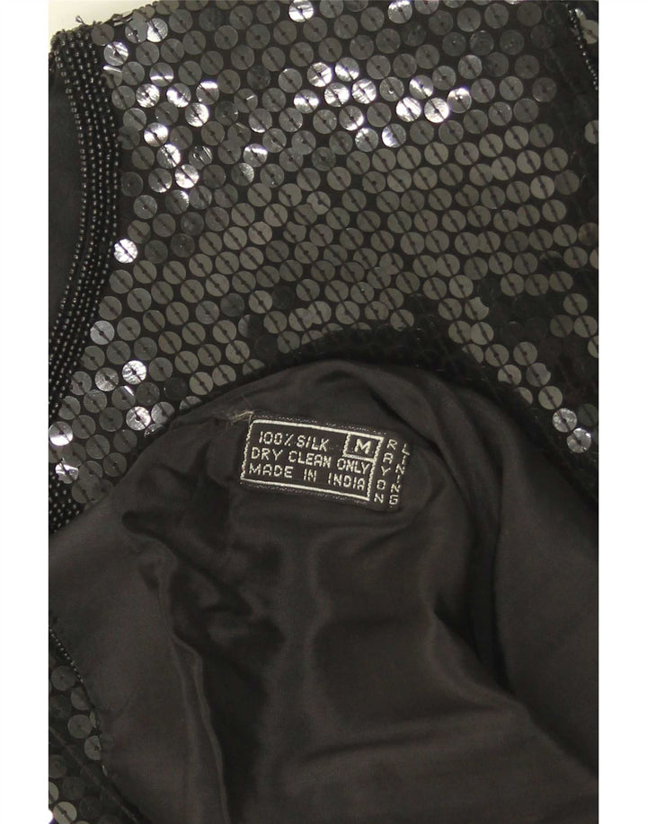 Vintage Womens Sequin Shirt Blouse UK 14 Medium Black Silk