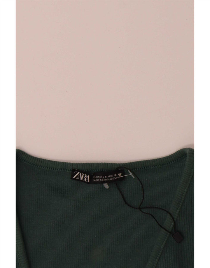 Zara Womens Crop Top UK 8 Small Green Cotton