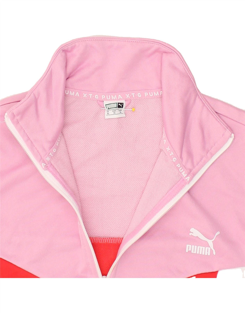 PUMA Womens Graphic Tracksuit Top Jacket UK 18 XL Pink Colourblock Cotton | Vintage Puma | Thrift | Second-Hand Puma | Used Clothing | Messina Hembry 