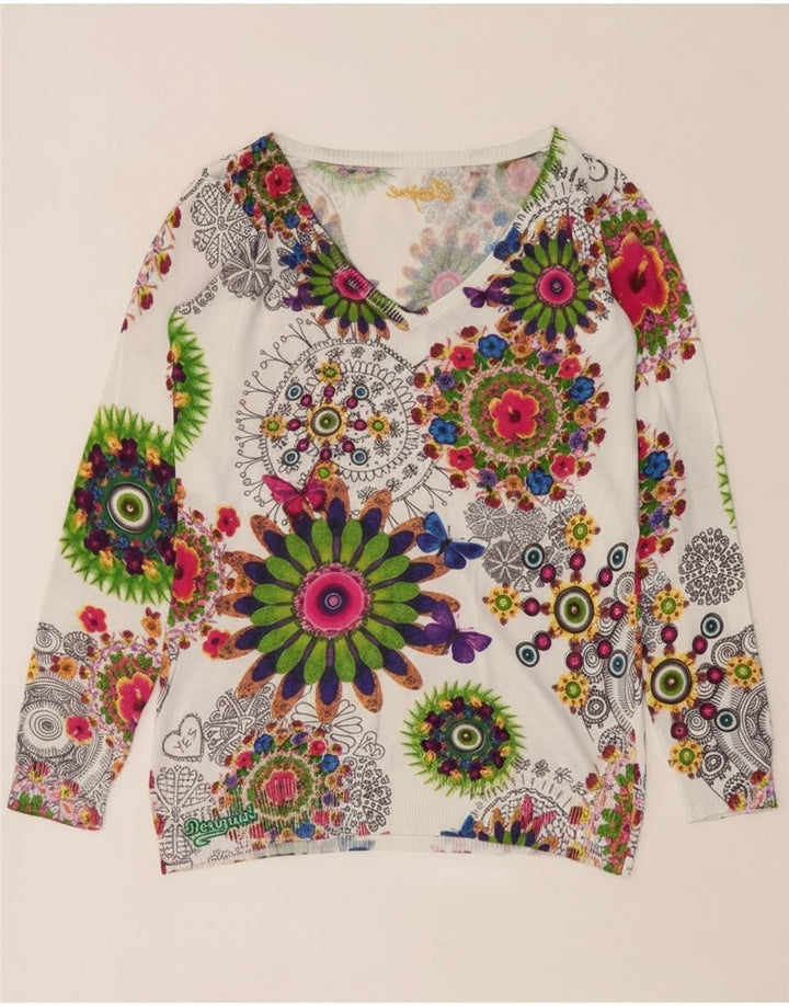 Desigual Womens V-Neck Jumper Sweater UK 14 Medium Multicoloured Floral