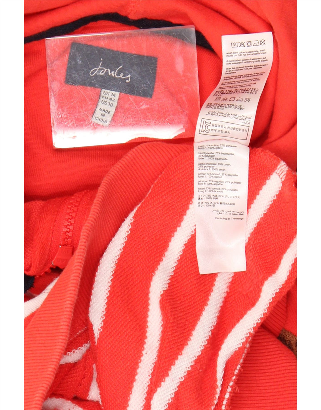 JOULES Womens Crop Loose Fit Zip Hoodie Sweater UK 14 Large Red Striped