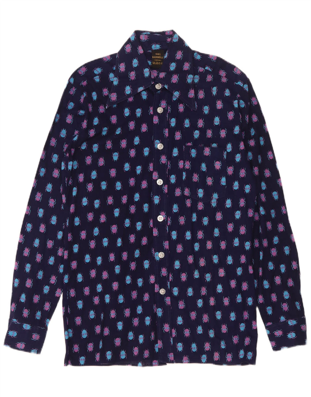 Vintage Mens Abstract Pattern Shirt Size 37 Small Navy Blue Cotton