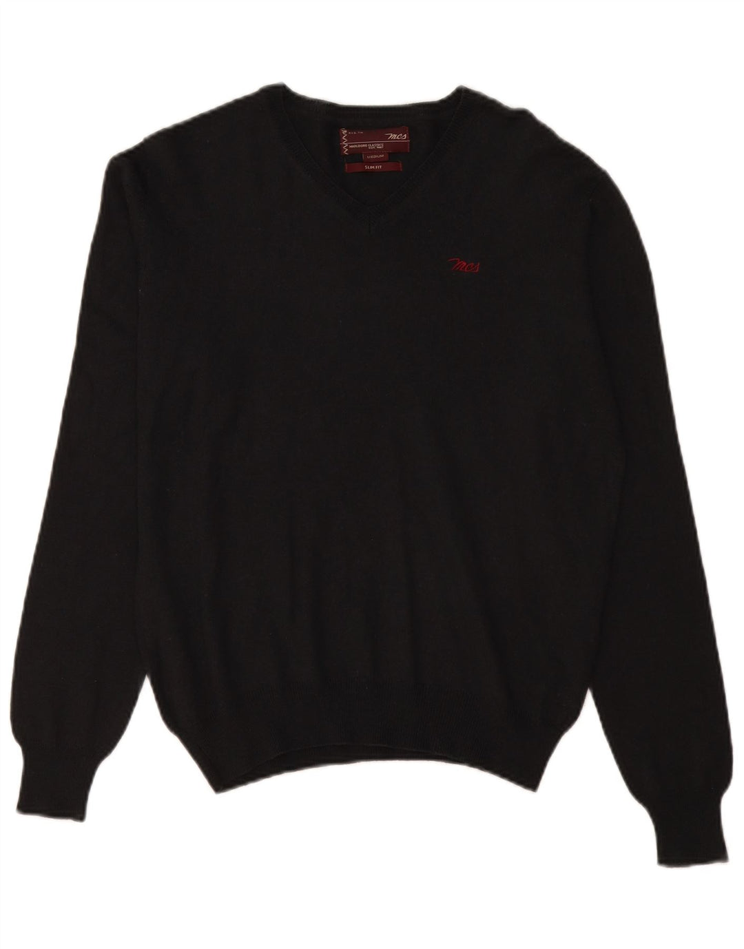 Marlboro Classics Mens Slim Fit V-Neck Jumper Sweater Medium Black Wool