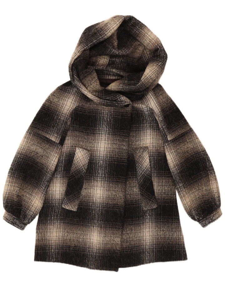 ZARA Womens Hooded Overcoat UK 14 Medium Black Plaid Polyester