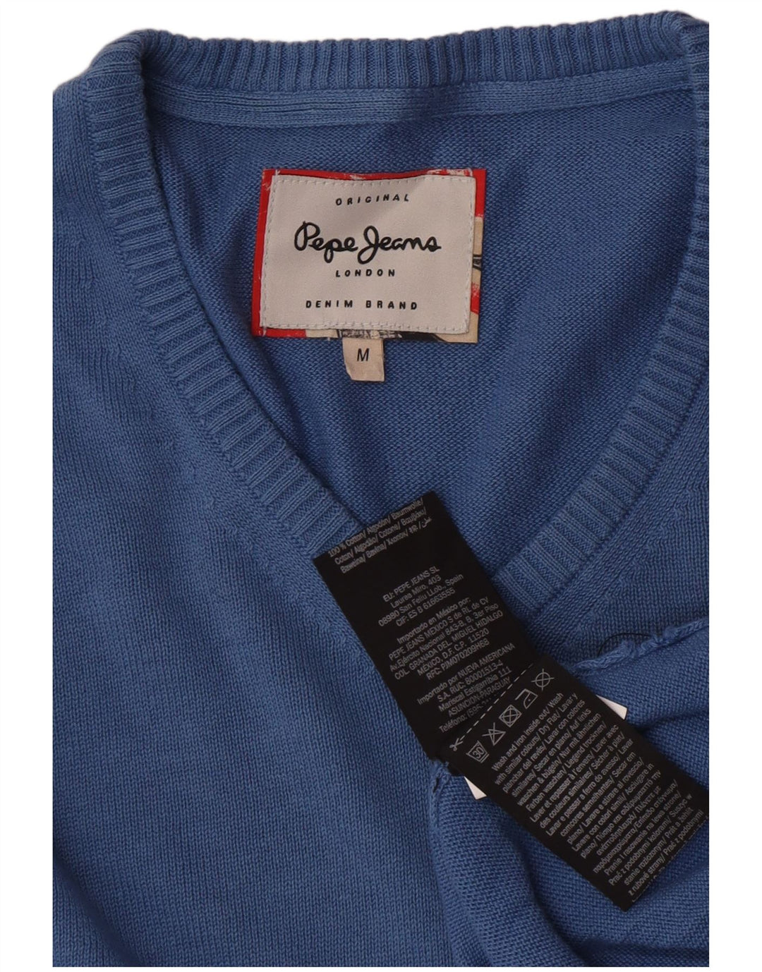 PEPE Jeans Mens V-Neck Jumper Sweater Medium Blue Cotton