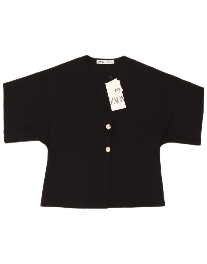 Zara Womens Short Sleeve Crop Top UK 12 Medium Black Polyester