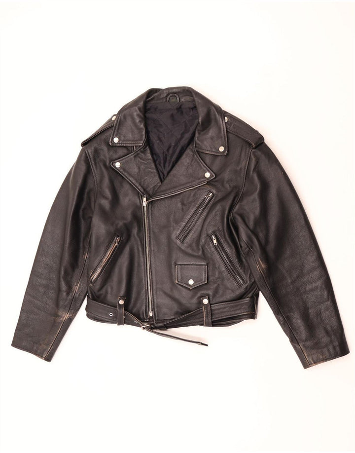 Vintage Mens Leather Biker Jacket UK 36 Small Black Leather