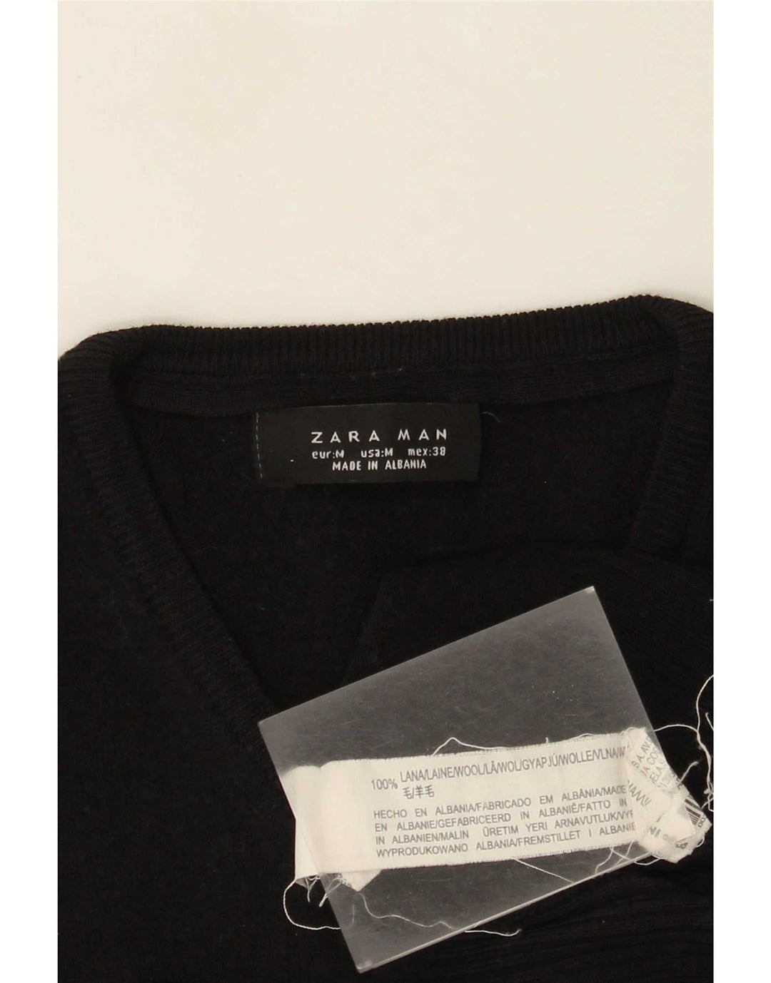 Zara Mens V-Neck Jumper Sweater Medium Black Wool