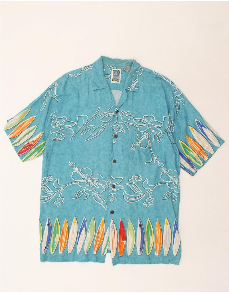 VINTAGE Mens Graphic Short Sleeve Shirt Large Blue Rayon Hawaiian | Vintage Vintage | Thrift | Second-Hand Vintage | Used Clothing | Messina Hembry 