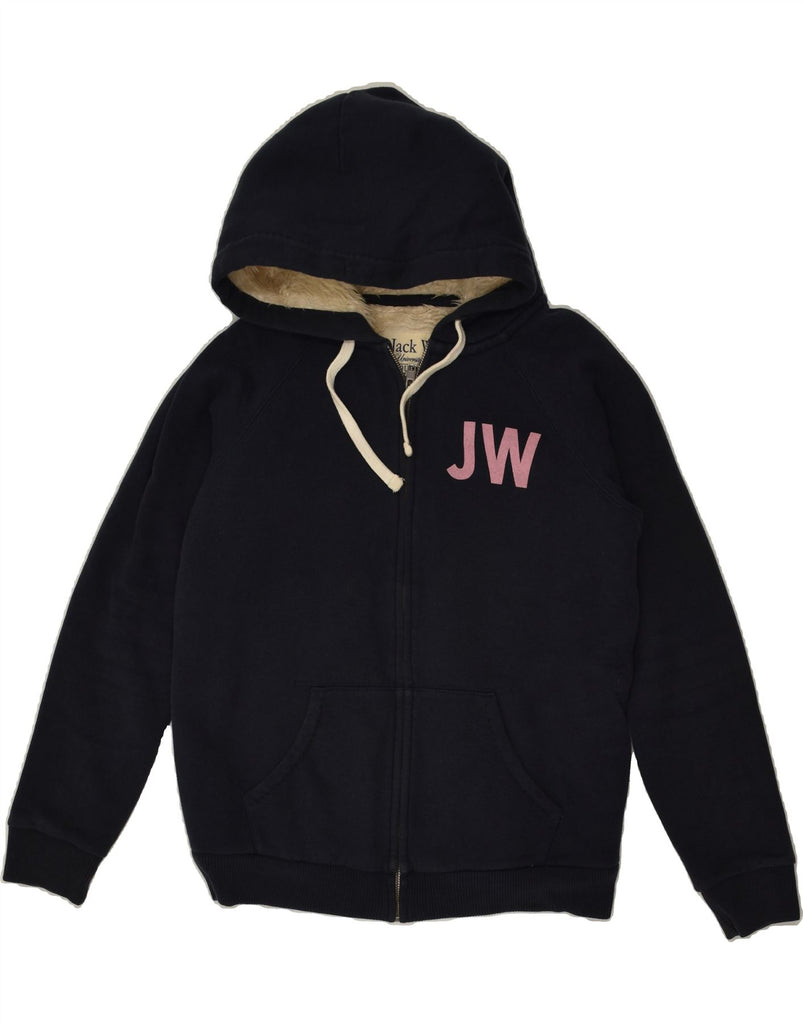 JACK WILLS Womens Sherpa Graphic Zip Hoodie Sweater UK 12 Medium Navy Blue | Vintage Jack Wills | Thrift | Second-Hand Jack Wills | Used Clothing | Messina Hembry 