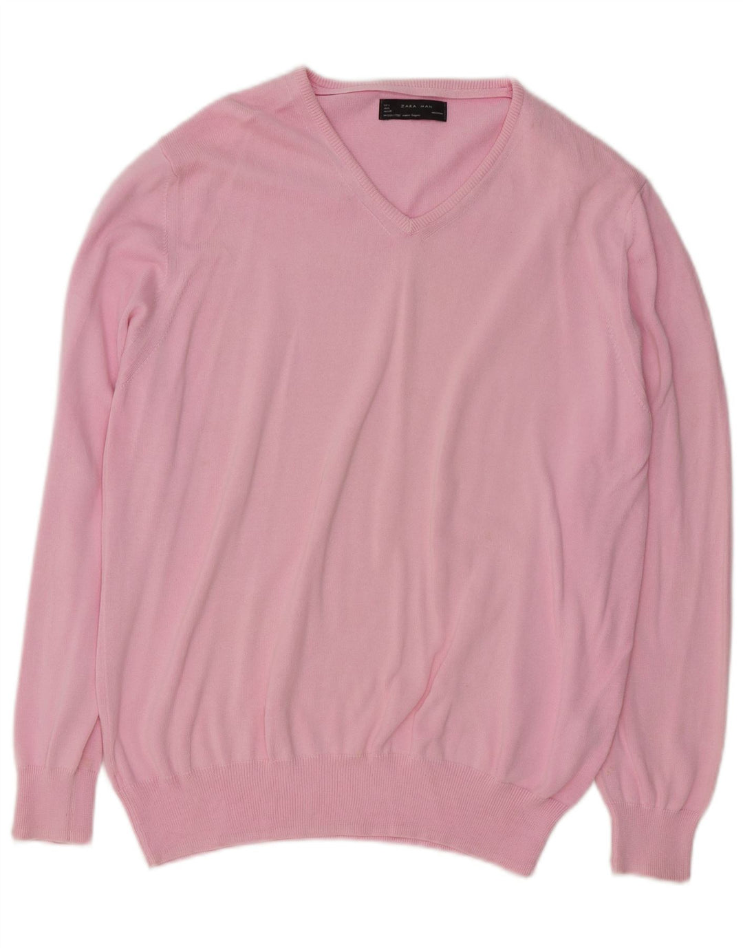 Zara Mens V-Neck Jumper Sweater Large Pink Cotton