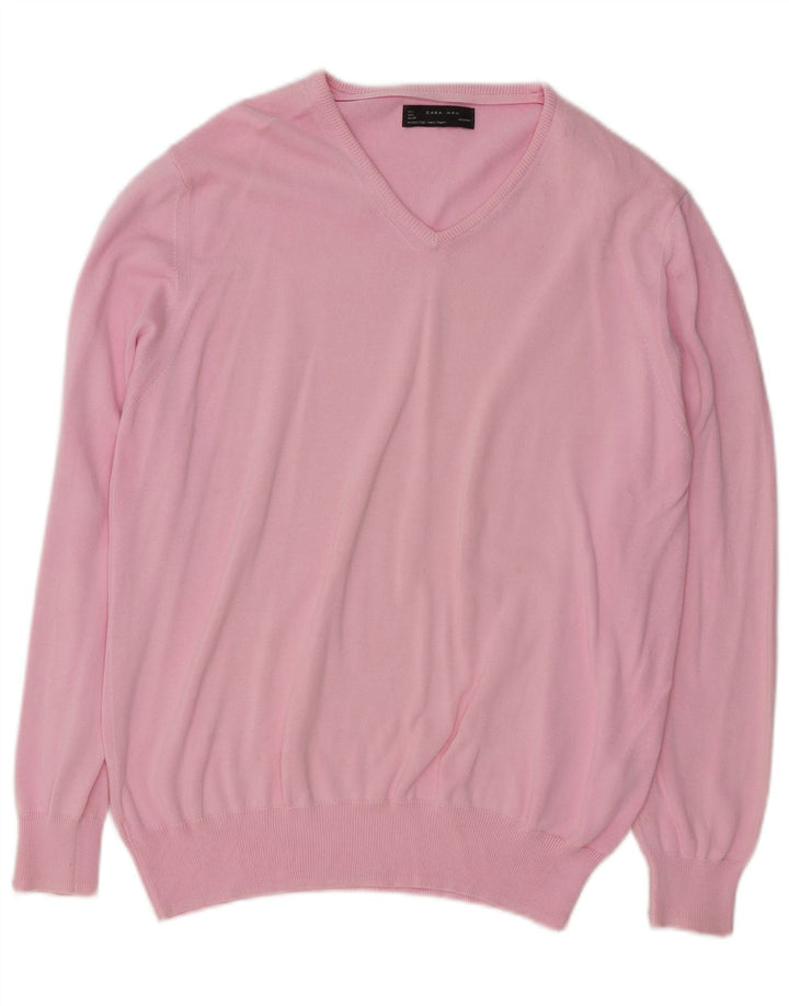 Zara Mens V-Neck Jumper Sweater Large Pink Cotton