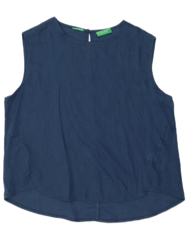 Benetton Womens Sleeveless Oversized Blouse Top UK 10 Small Navy Blue Linen