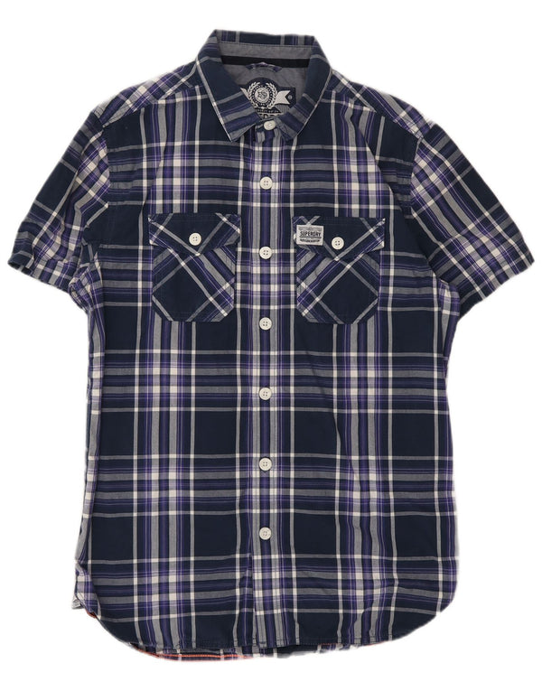 Superdry Mens Short Sleeve Shirt Medium Navy Blue Check Cotton