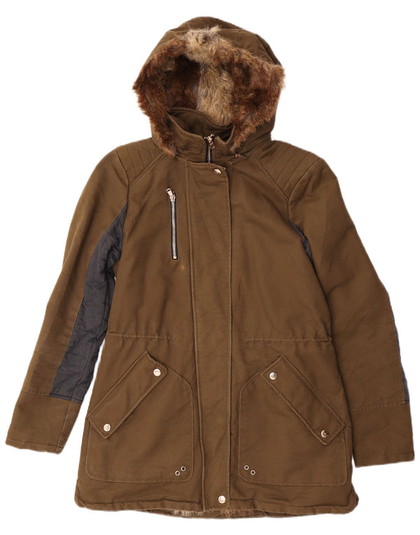 Zara Womens Trafaluc Faux Fur Parka Jacket UK 10 Small Khaki Colourblock