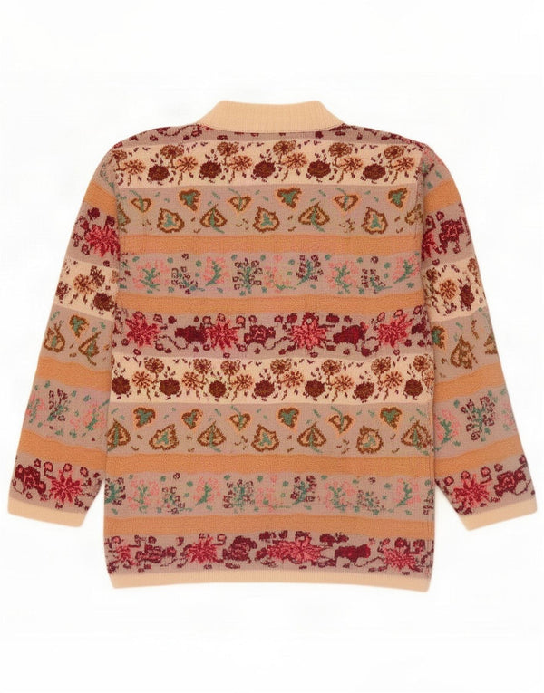 Vintage Womens Crew Neck Jumper Sweater UK 16 Large Beige Floral Acrylic