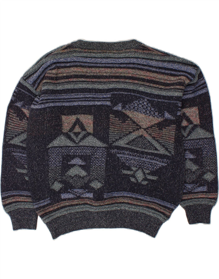 ENZO LORENZO Mens Cardigan Sweater Large Navy Blue Geometric