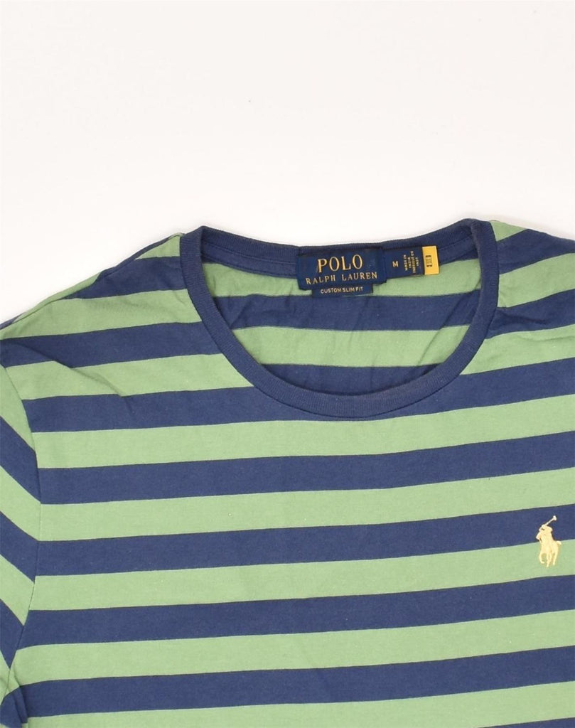 POLO RALPH LAUREN Mens Custom Slim Fit Polo Shirt Medium Green Striped | Vintage Polo Ralph Lauren | Thrift | Second-Hand Polo Ralph Lauren | Used Clothing | Messina Hembry 