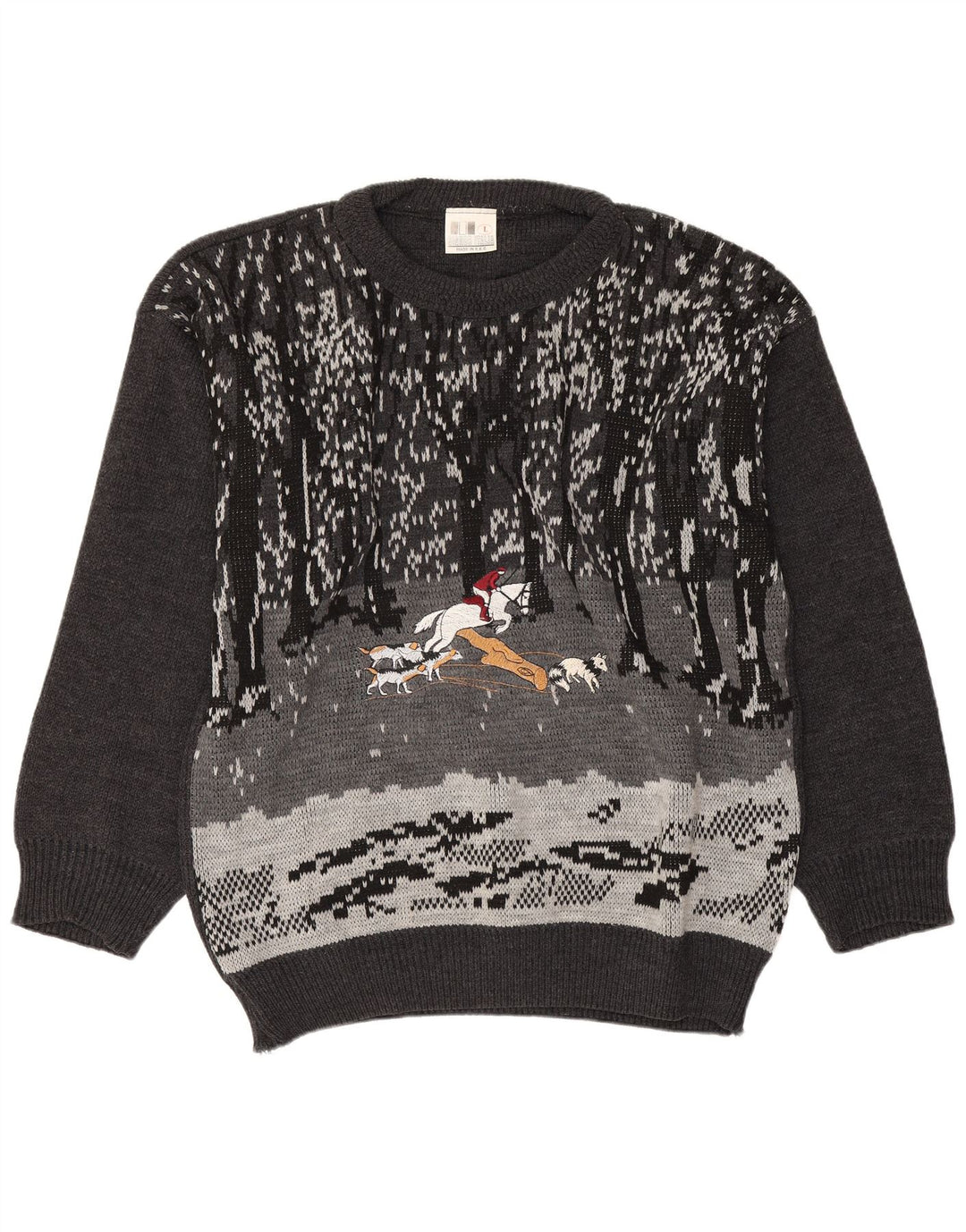 Vintage Mens Graphic Boat Neck Jumper Sweater Large Grey