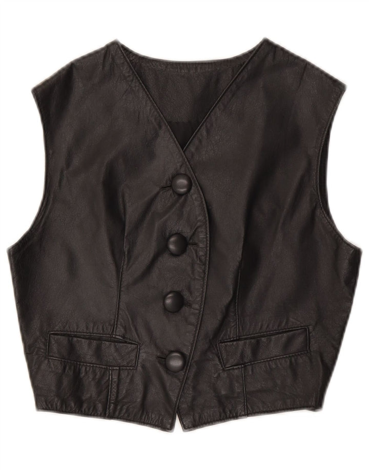 Vintage Womens Crop Leather Waistcoat UK 10 Small Black