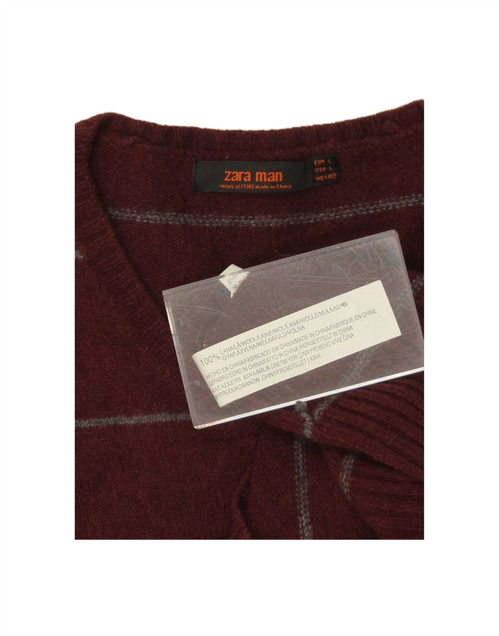 ZARA Mens V-Neck Jumper Sweater Large Burgundy Striped Wool