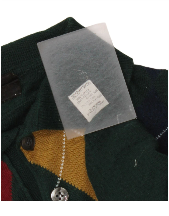 VINTAGE Mens Polo Neck Jumper Sweater Small Green Argyle/Diamond Wool