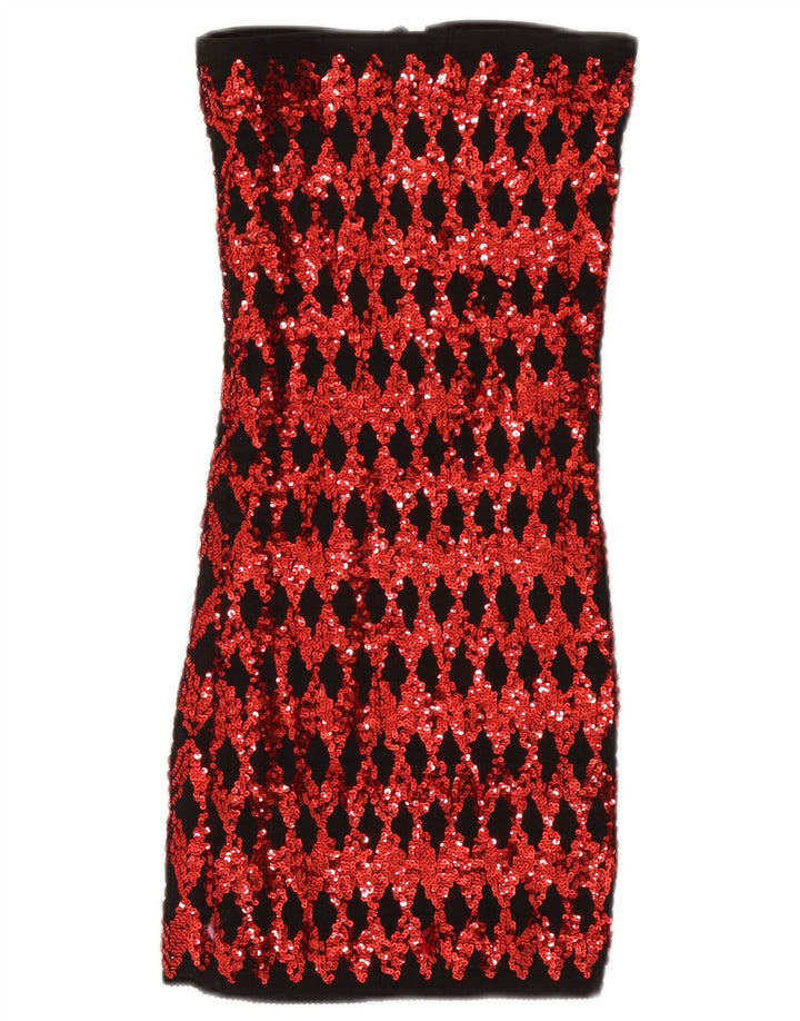 Vintage Womens Sequin Strapless Top UK 14 Large Red Geometric